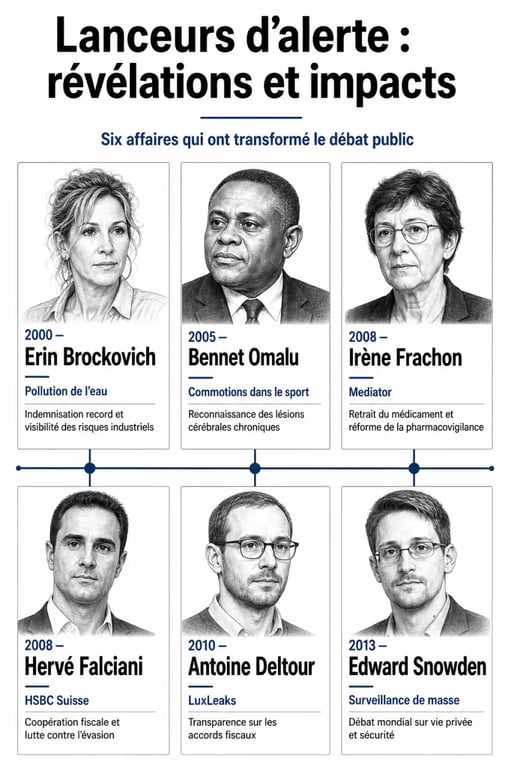 Lanceur d alerte connu : visuel comparatif des figures célèbres, de leurs affaires et de leurs impacts