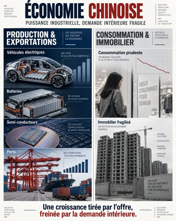 Infographie sur la Chine économie, entre puissance industrielle, exportations et faiblesse de la consommation