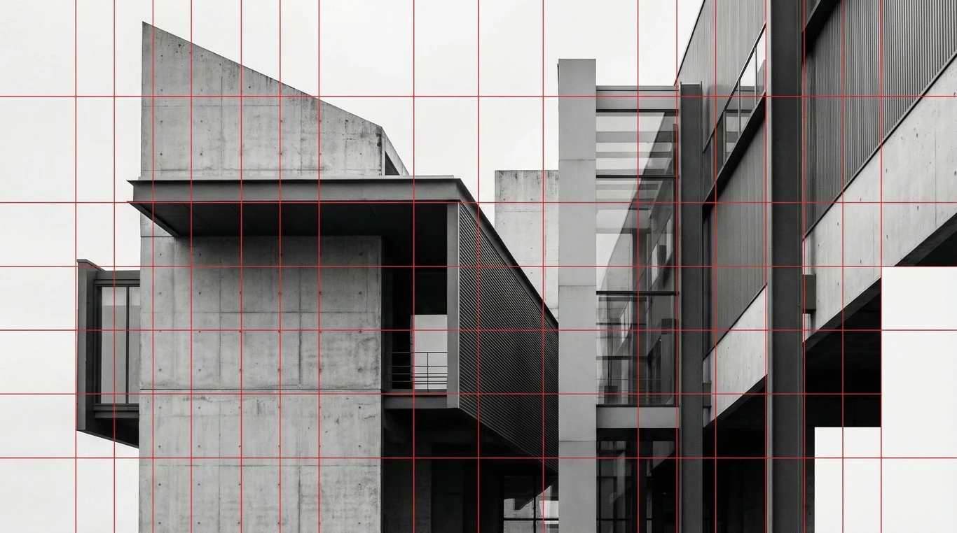 Composition abstraite et architecturale en noir et blanc représentant un bâtiment de presse moderne