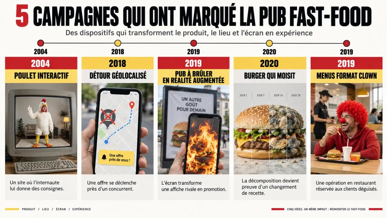 Infographie des cinq campagnes emblématiques de publicité Burger King et de leurs mécanismes créatifs