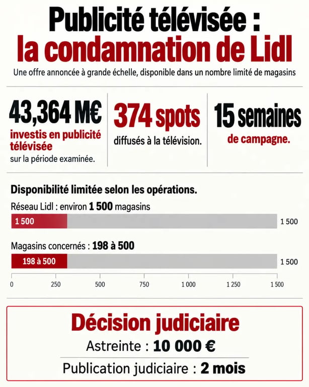 Infographie sur la condamnation Lidl publicité : 43,364 millions d’euros, 374 spots et règle des 15 semaines