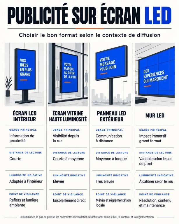Infographie comparative des formats de publicité sur écran LED selon l’usage, la luminosité et la distance de lecture