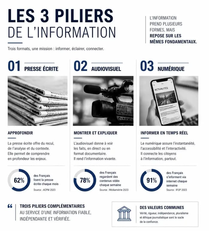 Illustration des différents types d'organes de presse : presse écrite, audiovisuelle et numérique
