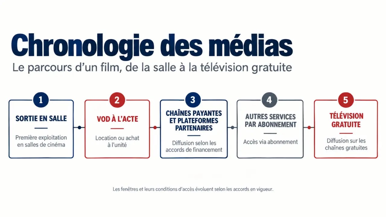 Frise visuelle expliquant la chronologie des médias en France et les fenêtres de diffusion d’un film