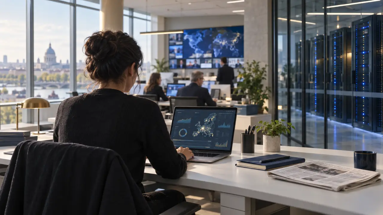Architecture abstraite représentant un cloud souverain et une infrastructure numérique européenne