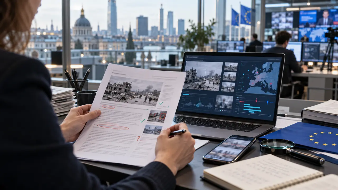 Salle de rédaction contemporaine avec écrans et documents à vérifier