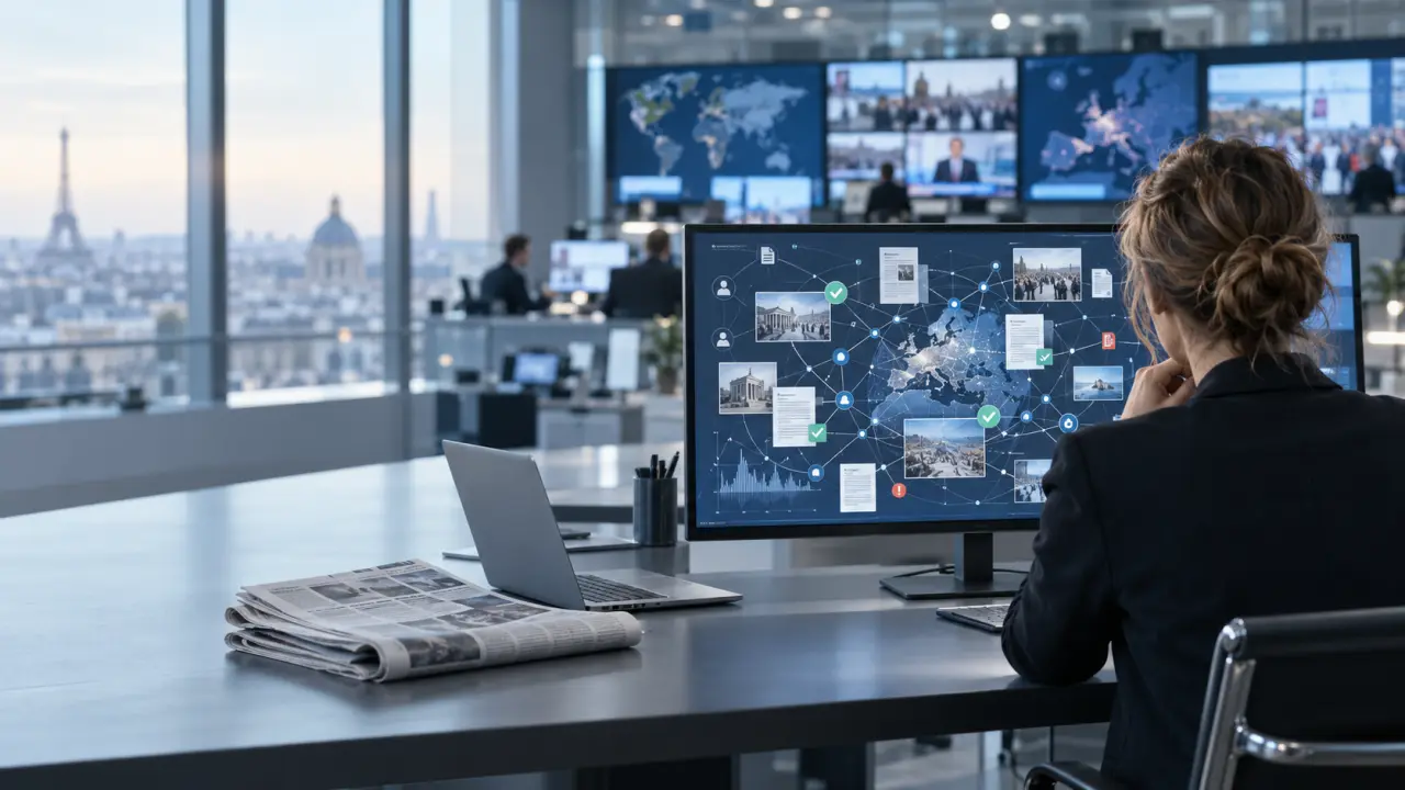 Salle de rédaction moderne confrontée aux outils d’intelligence artificielle