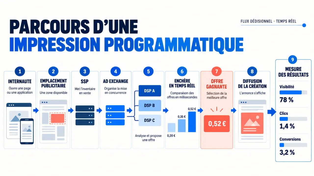 Schéma du fonctionnement de la publicité programmatique et du parcours d’une impression entre SSP, Ad Exchange et DSP