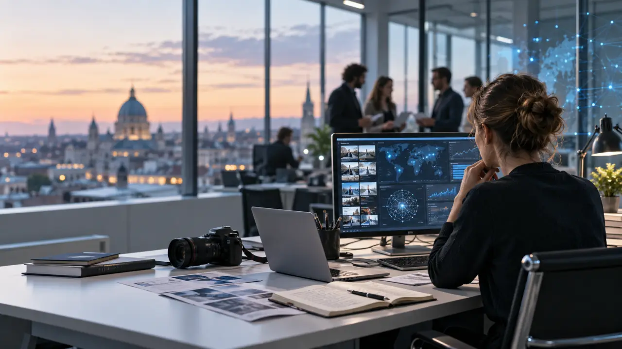 Salle de rédaction contemporaine avec écrans, documents et outils d’intelligence artificielle