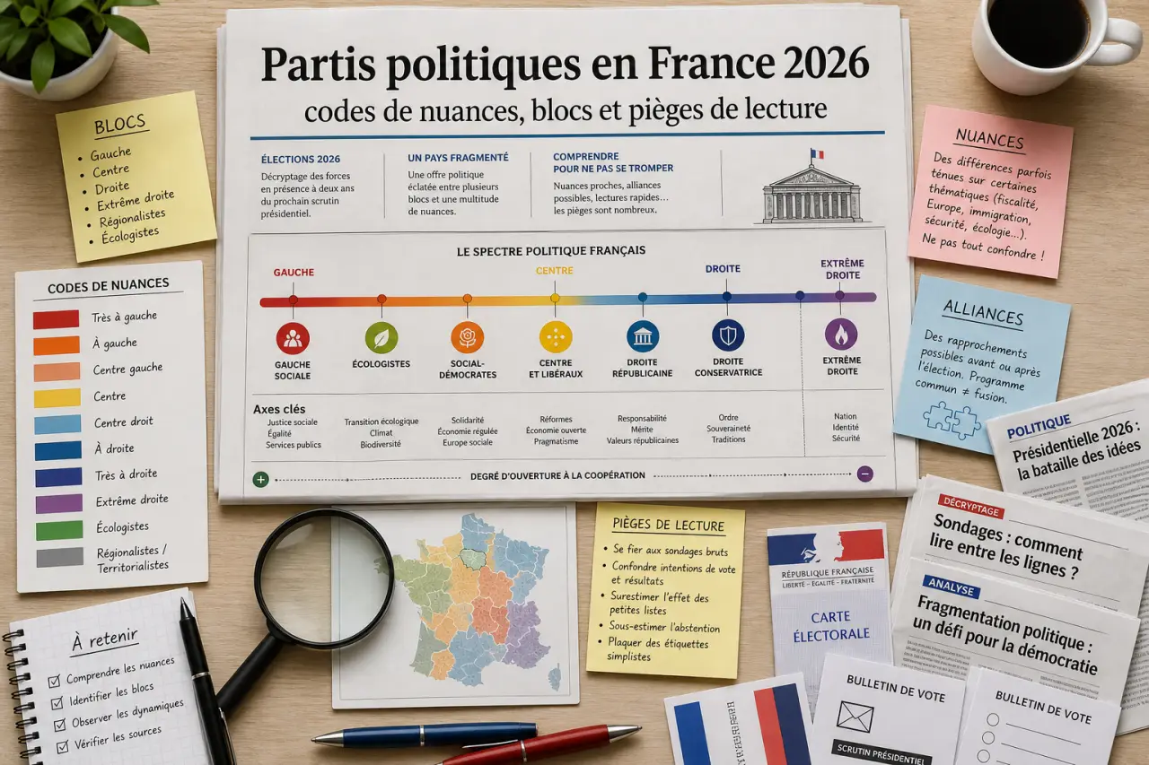 Partis politiques en France 2026 : codes de nuances, blocs et pièges de lecture