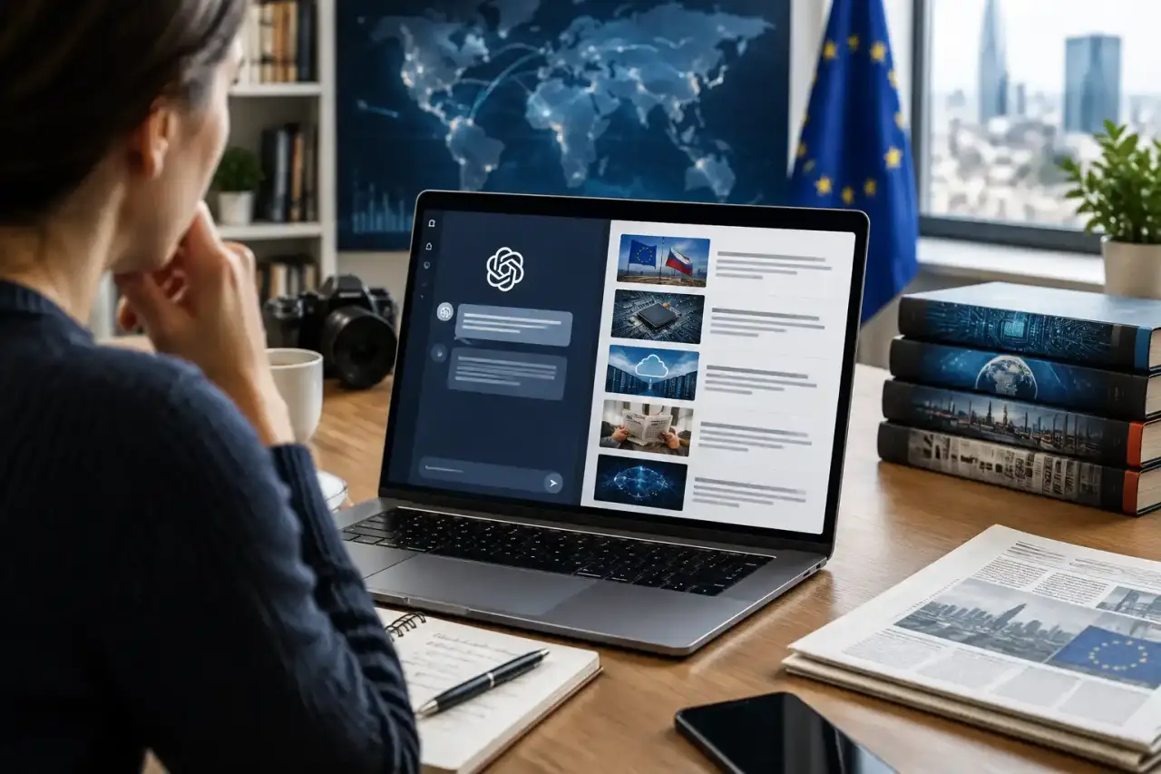 Ordinateur affichant une enquête journalistique et des documents annotés