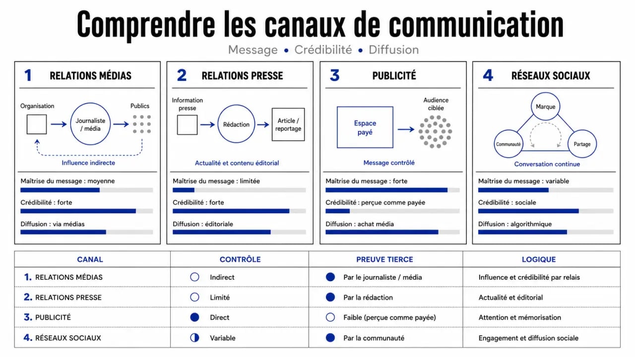 Relations médias : comparaison éditoriale avec relations presse, publicité et réseaux sociaux