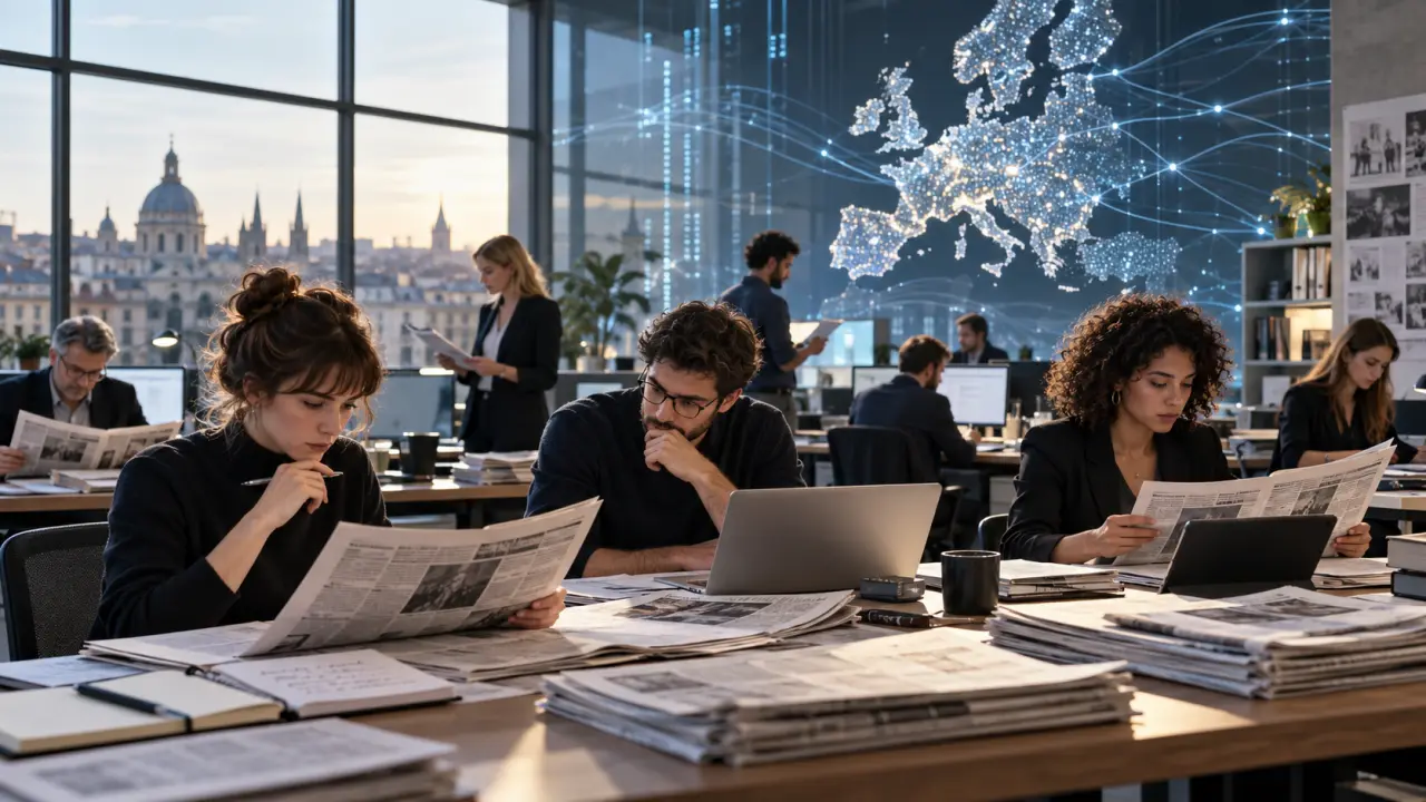 Salle de rédaction européenne transformée par l'intelligence artificielle