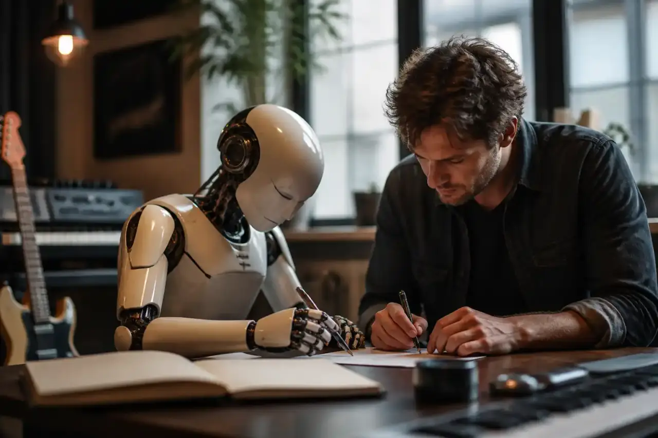 Salle de rédaction en noir et blanc, écran affichant un texte généré par intelligence artificielle