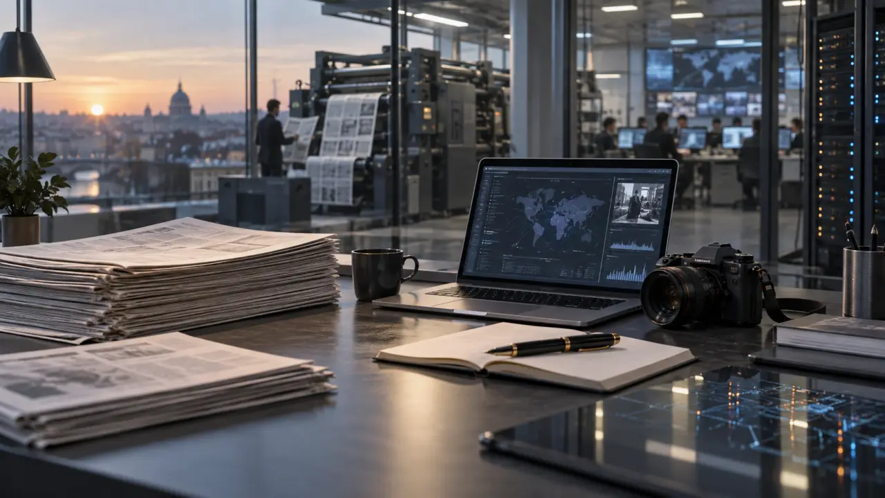 Salle de rédaction moderne illustrant la transformation de la presse par l'intelligence artificielle