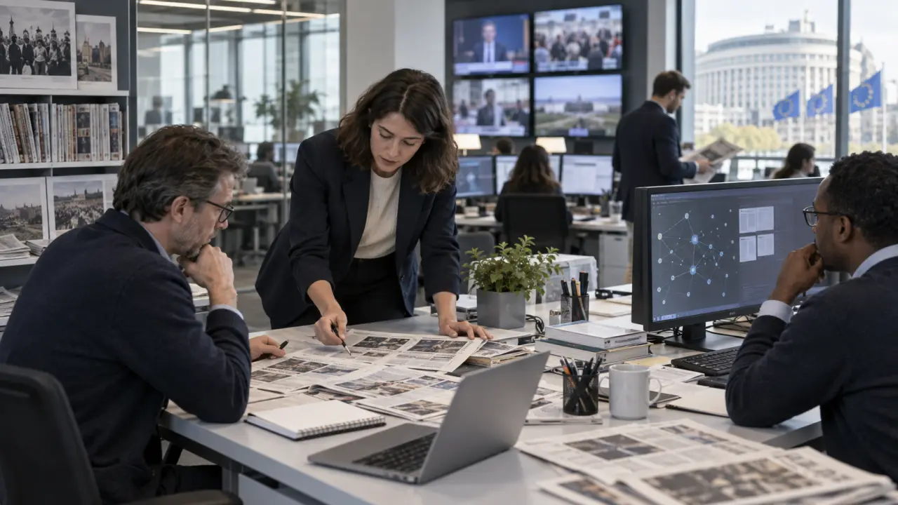Salle de rédaction moderne avec une grille graphique évoquant l'intelligence artificielle