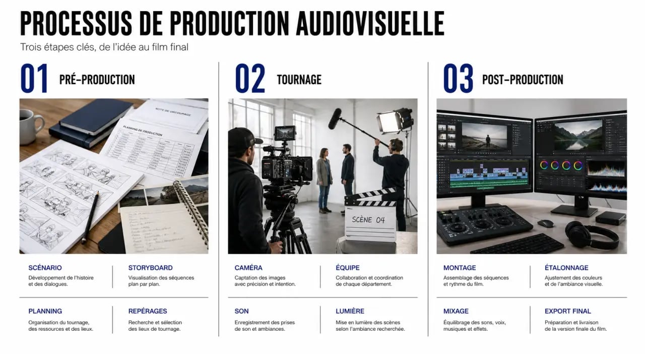 Production audiovisuelle : schéma éditorial des étapes de pré-production, tournage et post-production