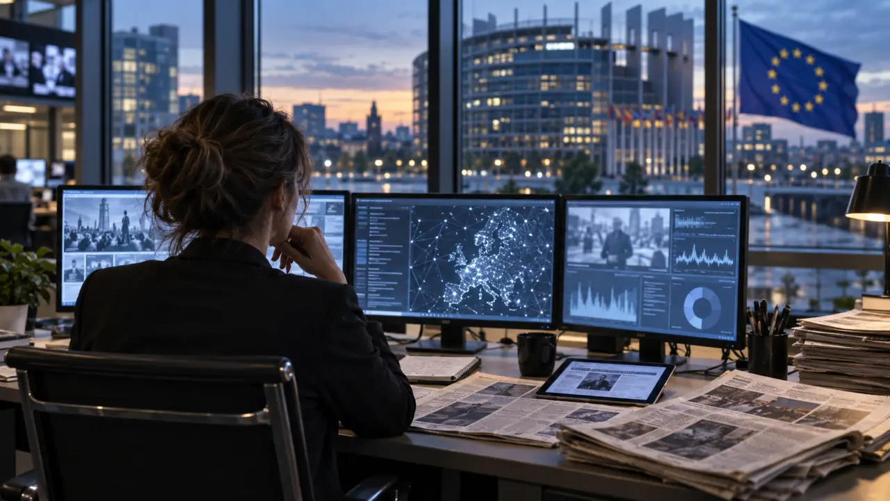 Salle de rédaction moderne et grille graphique évoquant l'intelligence artificielle et la régulation européenne